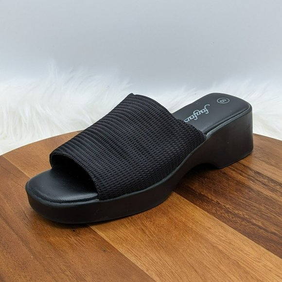 Fanfares Sandals Mule Slides 8 Black Square Toe Stretch Fabric 90s Retro Popular - Picture 1 of 12